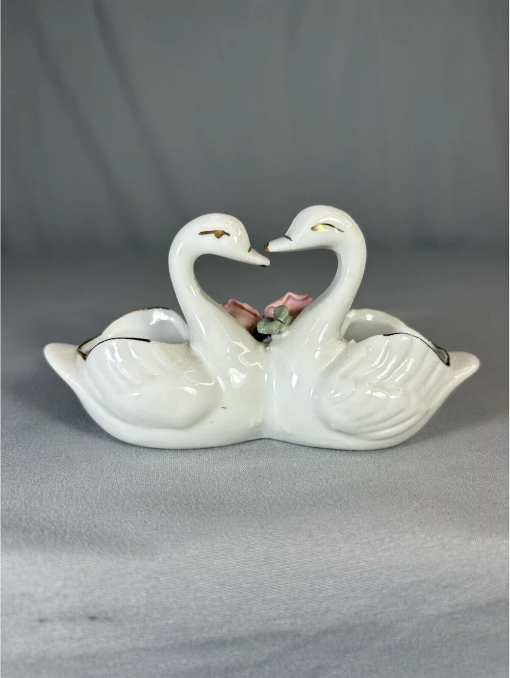 Vintage Double Swan Ceramic Bud Vase Planter Pink Roses Gold Trim Romantic Decor